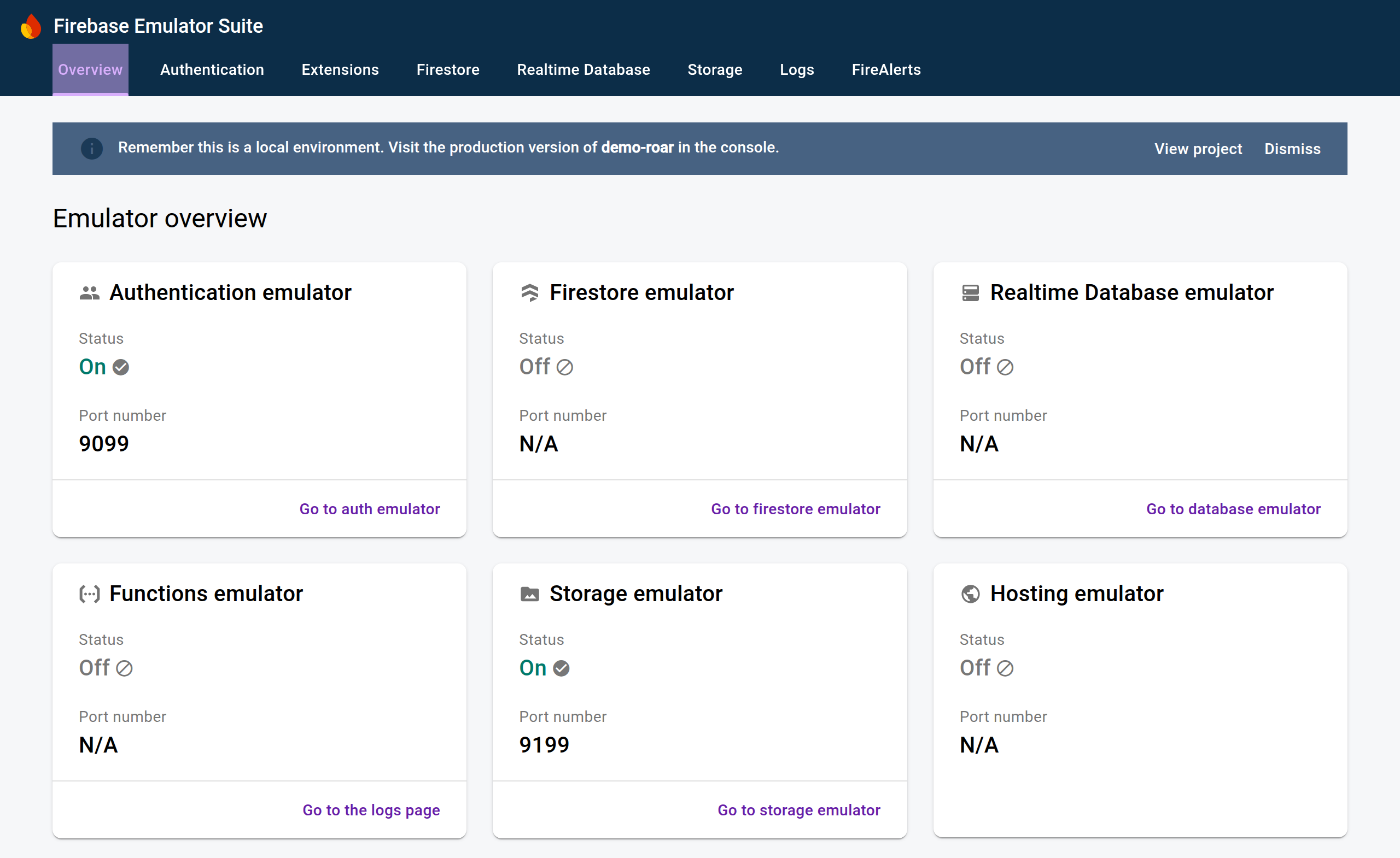 The Firebase Emulator Suite overview, with the Authentication emulator on port 9099 and the Storage emulator on port 9199 both running