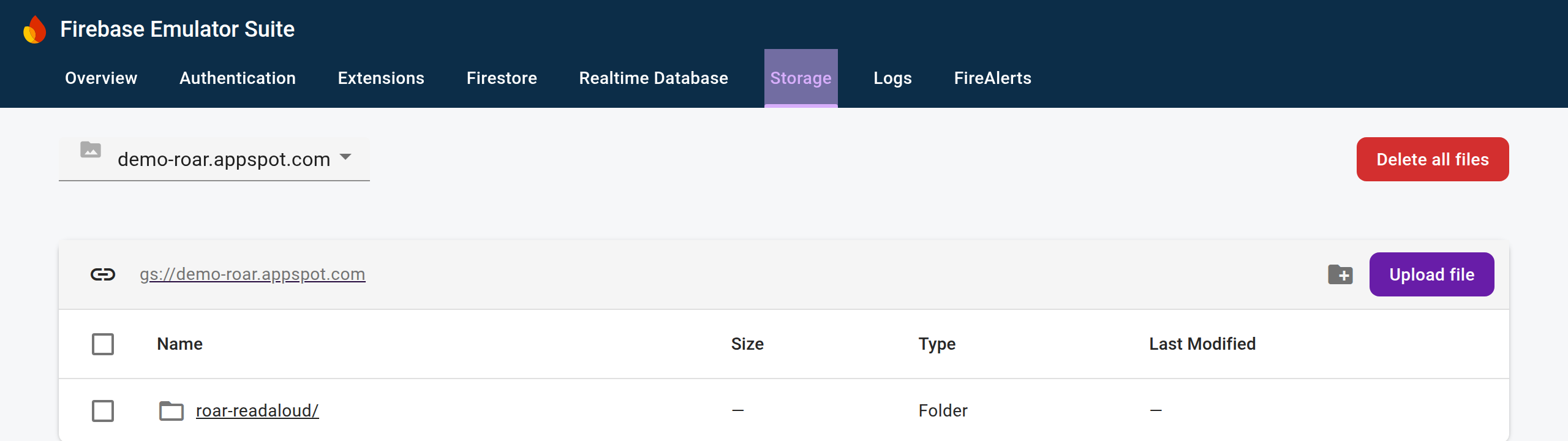 The Storage tab of the Firebase Emulator UI, showing the demo-roar.appspot.com bucket with a roar-readaloud folder