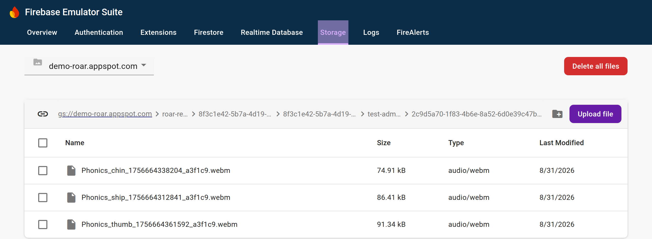 The nested run folder in the Storage tab, listing three audio/webm recordings with their sizes