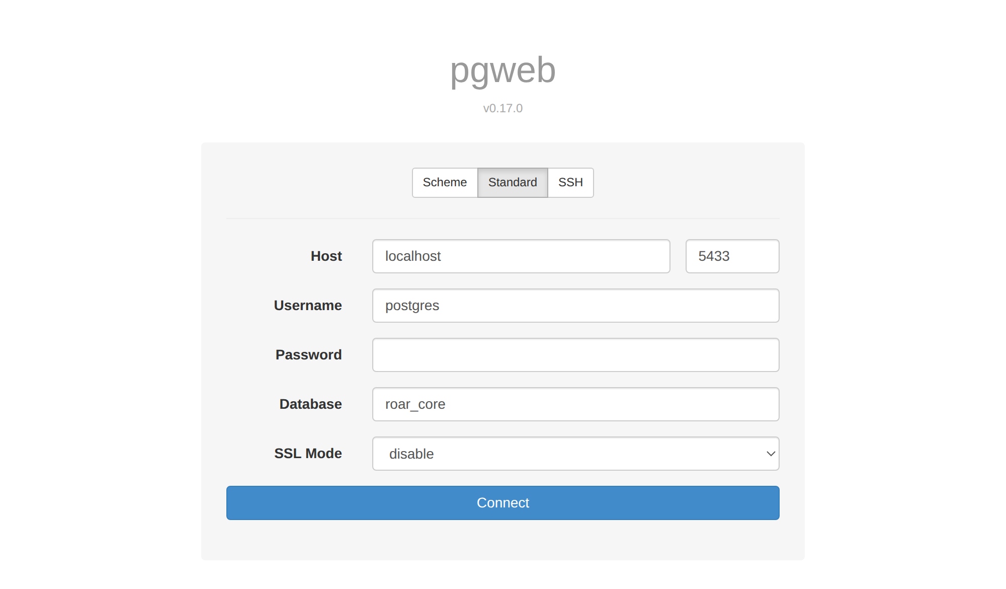 The PgWeb connection form, filled in for the local assessment database